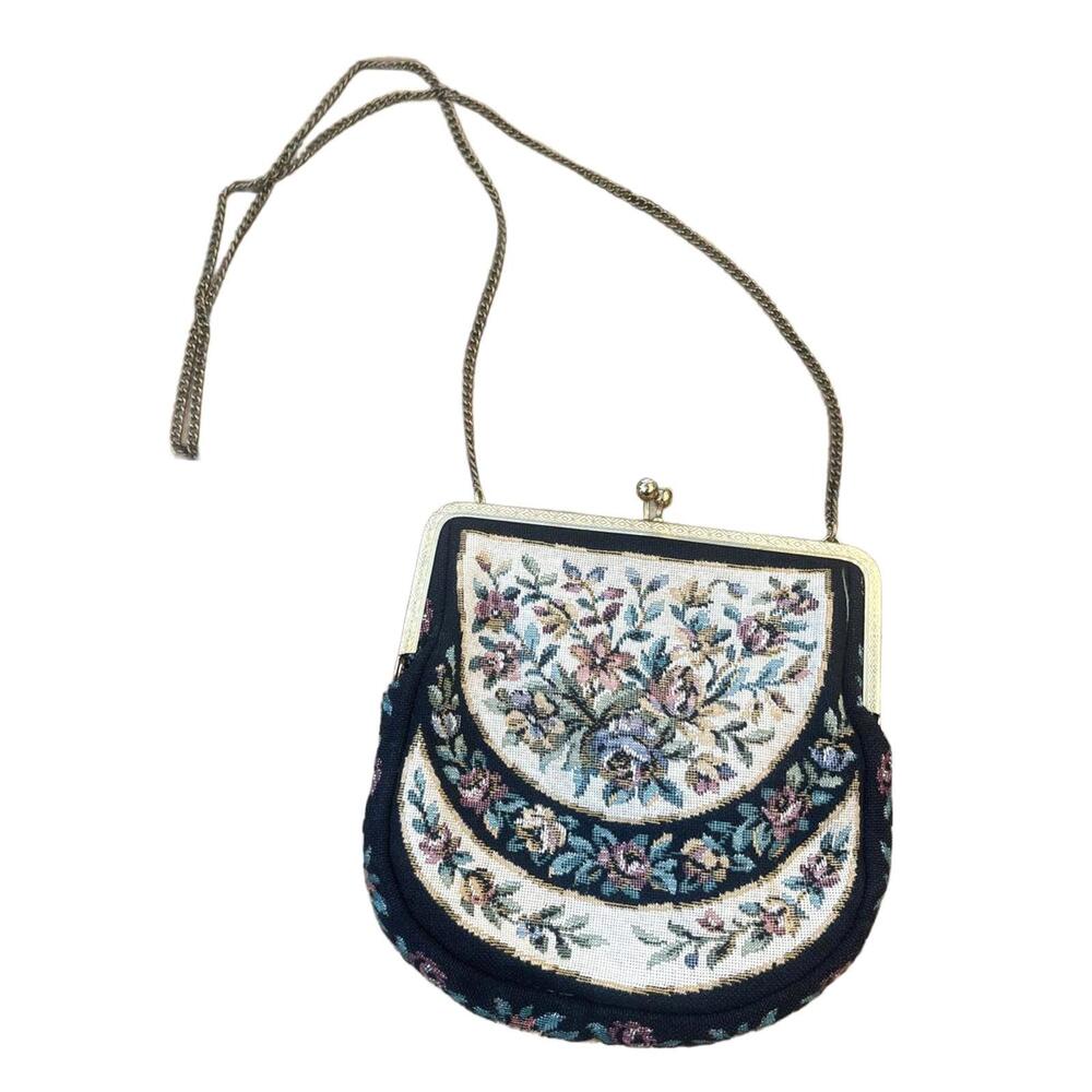VINTAGE Floral Embroidered Black Multicolor Tapestry Mini Bag Gold Hardware